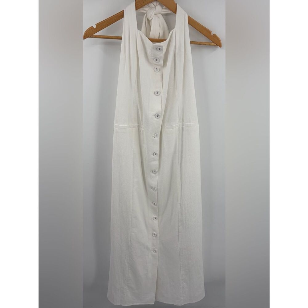 Commense white tied halter open back cotton linen midi dress women’s M NWT